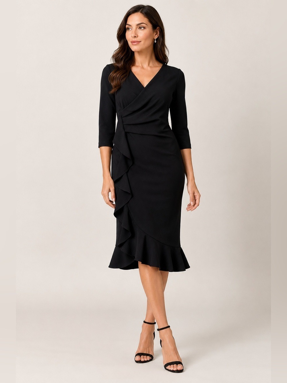Elegant Black Ruffle Wrap Midi Dress
